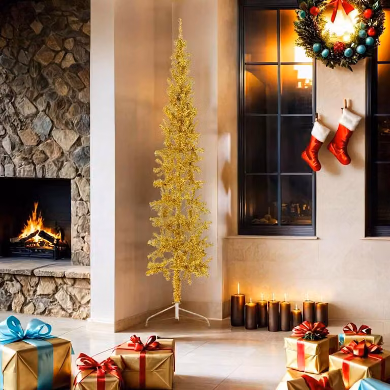 vidaXL Albero Natale Artificiale Sottile a Metà con Supporto Oro 180cm