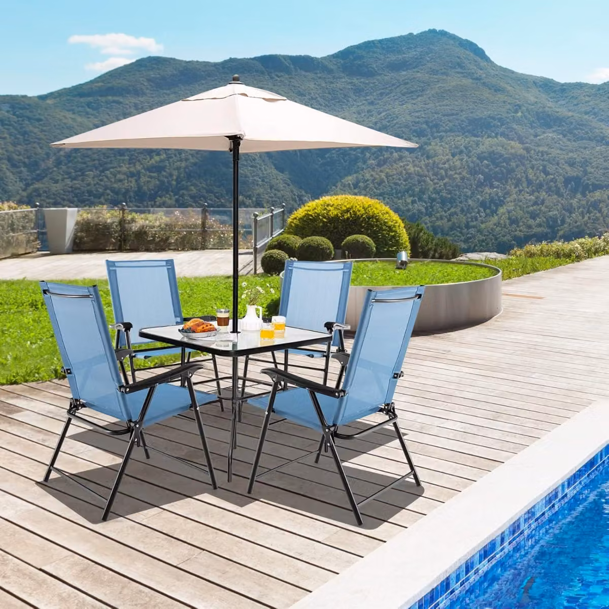 Set di 4 sedie pieghevoli da giardino con braccioli Costway in metallo e tessuto textilene Blu