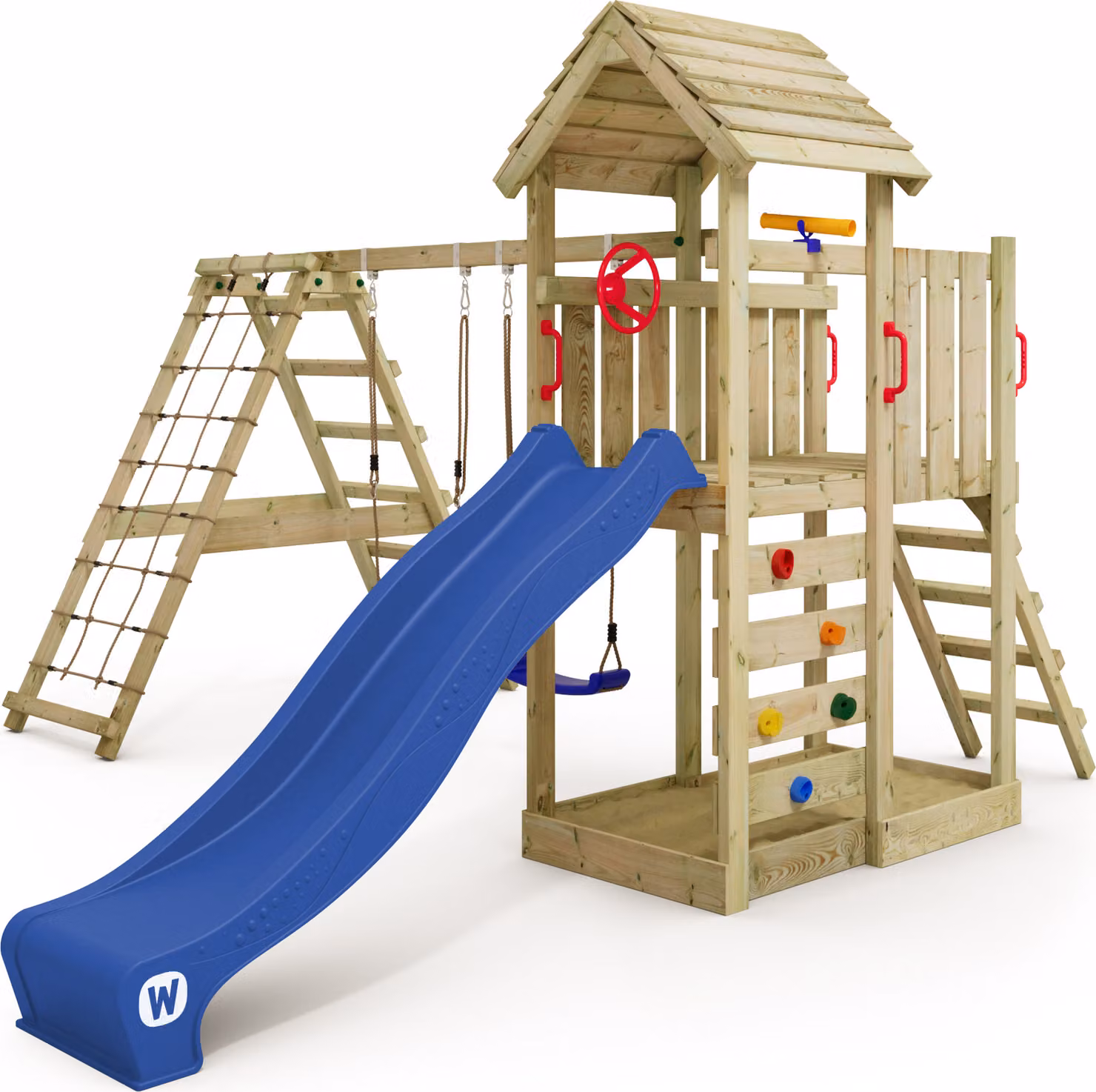 Torre giochi Wickey RocketFlyer con altalena e struttura per arrampicata, colore blu