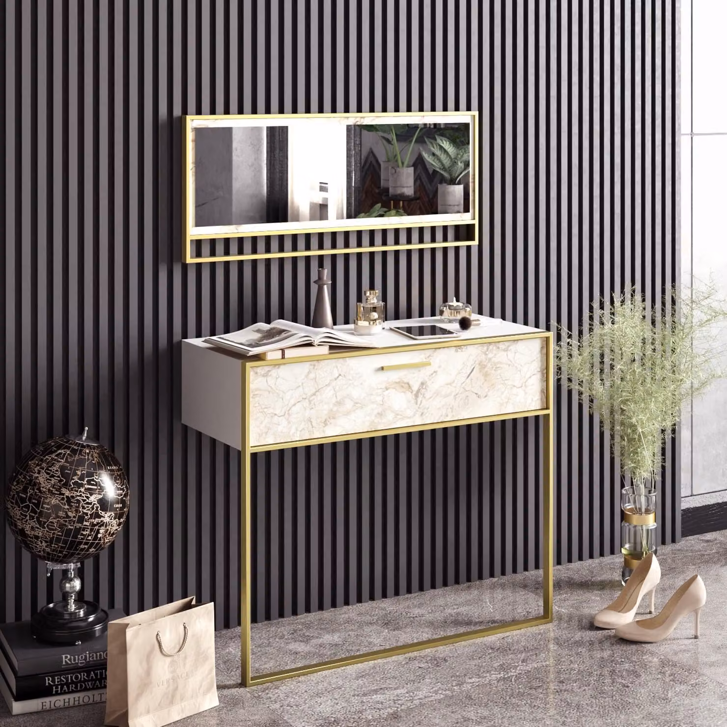 Skye Decor, elegante credenza con specchio (90 cm), oro e bianco, pannello truciolare rivestito al 100% in melamina, spessore 18 mm, gambe in metallo, numerosi ripiani, montabile a parete, design moderno.