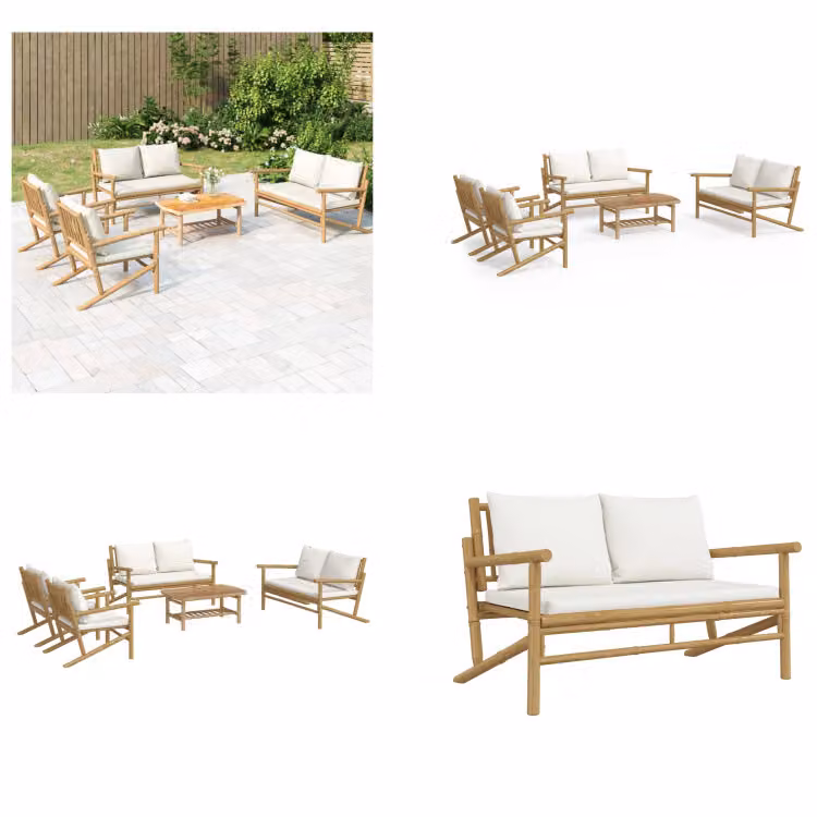 vidaXL Set da salotto da giardino in 5 pezzi con cuscini bianco crema in bambù - Set da salotto da giardino - Set da salotto - Set da arredo da giardino