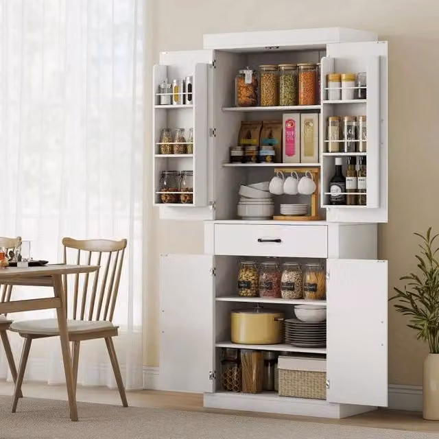 DISPENSA CUCINA IN STILE COUNTRY CON 2 ARMADIETTI, 6 RIPIANI E CASSETTO, IN LEGNO, 76X39.5X183.5 CM, BIANCO