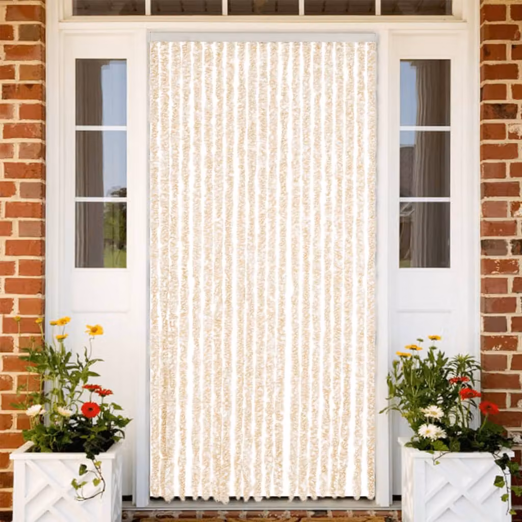 Tenda Antimosche vidaXL in Ciniglia Beige e Bianca, Termoisolante e Opaca, L: 90 cm, H: 220 cm