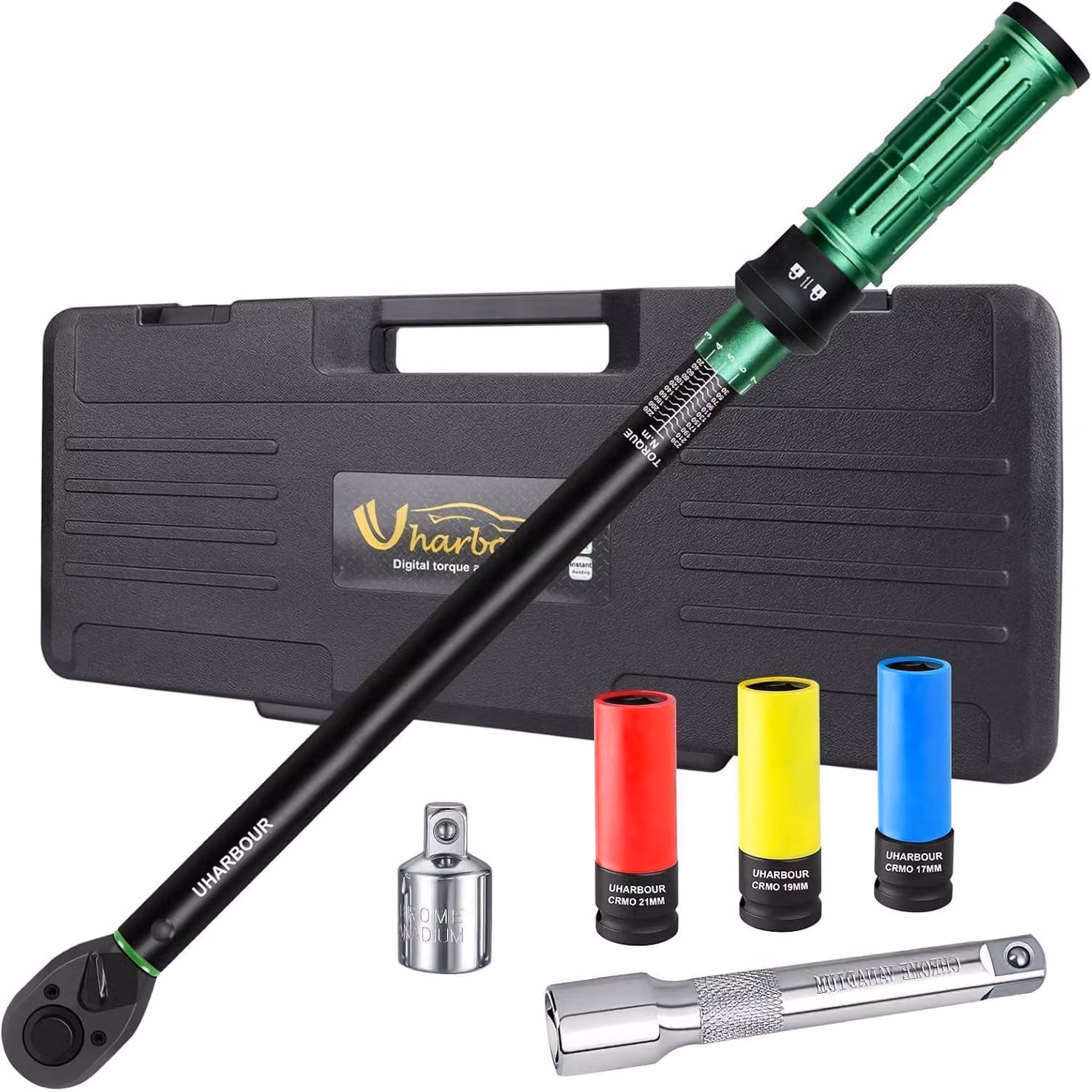 Set di chiavi dinamometriche da 1/2", con range da 20 a 230 Nm, completo di 3 inserti, adattatore e prolunga, per uso bidirezionale, con precisione di ±3%