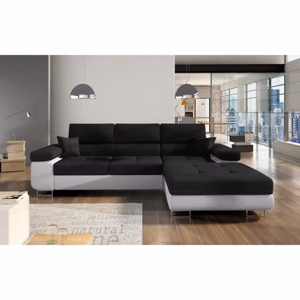 Divano ad angolo convertibile AMANDA MEUBLORAMA nero e bianco con funzione letto e poggiatesta regolabile, lato destro, L 280 x P 149 x H 90 cm – 2