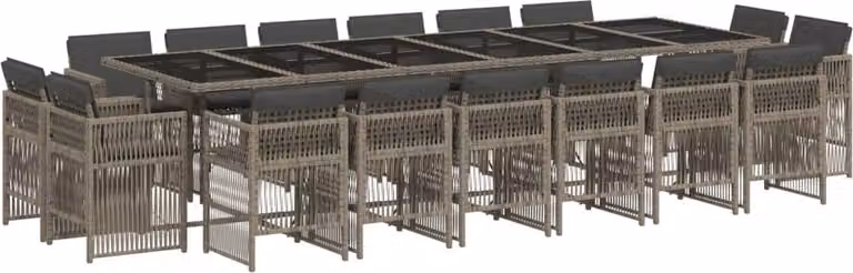 Set da Pranzo da Giardino 17pz con Cuscini Grigio in Polyrattan