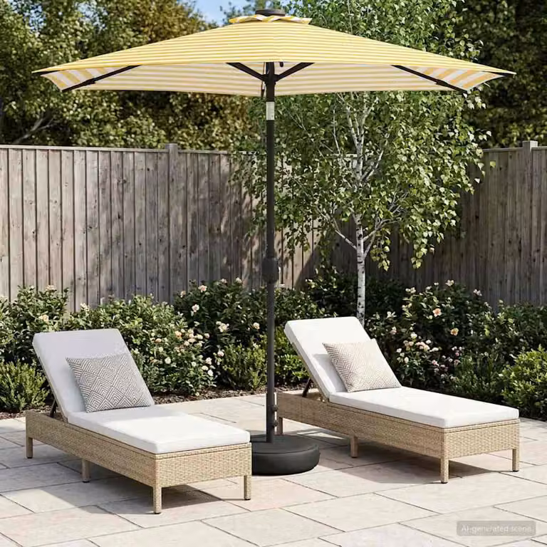 Parasol da giardino con luci LED e base vidaXL in poliestere, bianco e giallo, L: 226 cm x P: 226 cm