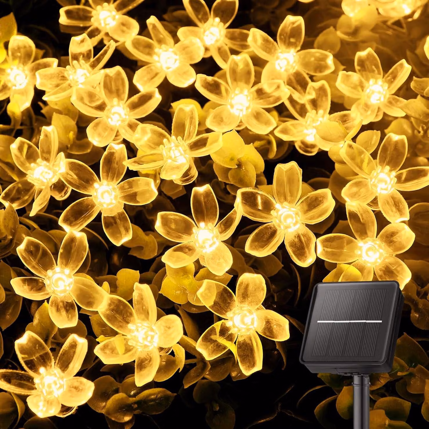 Catena luminosa solare, 7 metri, 50 LED, luce bianco caldo, impermeabile, 8 modalità