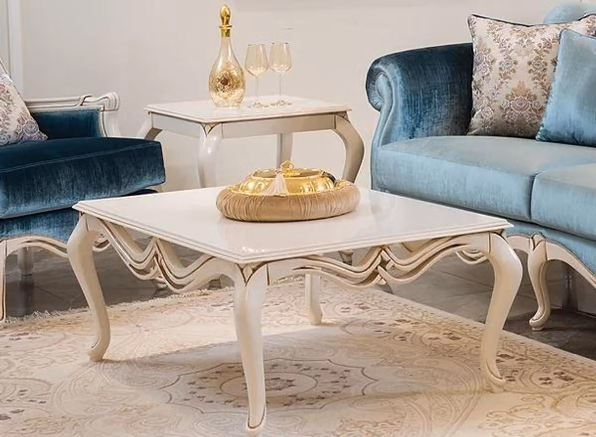 Casa Padrino tavolino barocco bianco 108 x 77 x h. 45 cm - Tavolino rettangolare in legno massello - Mobili da soggiorno in stile barocco
