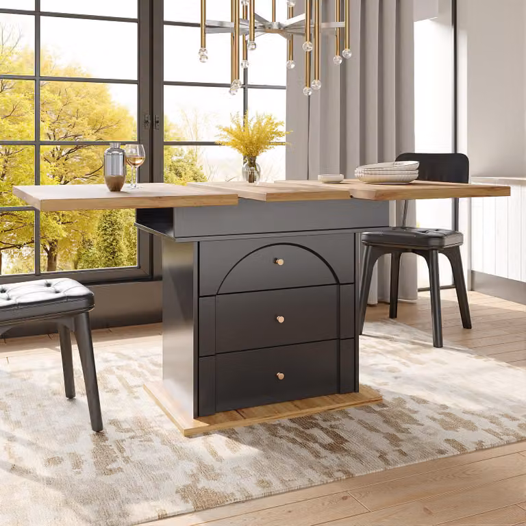 Tavolo da pranzo allungabile Flieks con mobile base, tavolo telescopico 110-140x80x75 cm, tavolo da cucina rettangolare, colore legno e nero