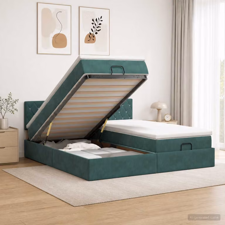 Letto ottomano con materasso ibrido vidaXL in velluto verde, L/P/H: 180 x 200 x 88 cm