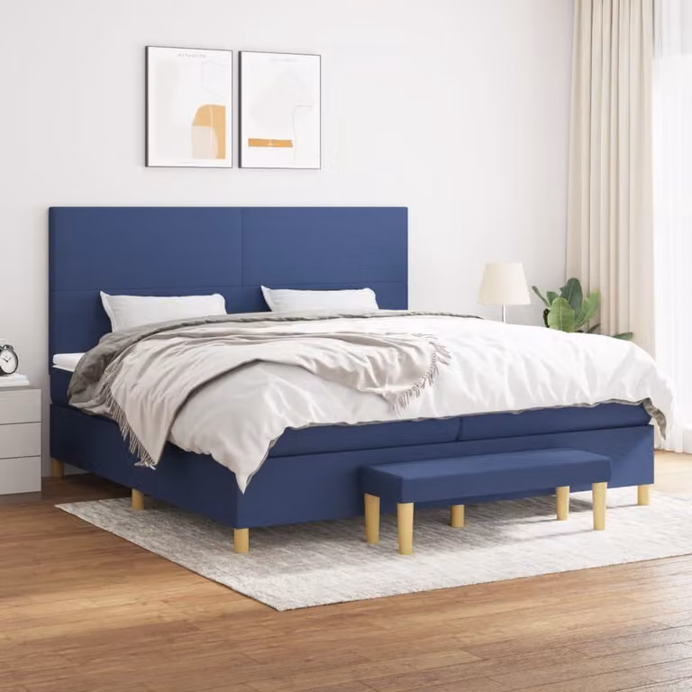 The Living Store Letto a molle con materasso blu 200x200 cm in tessuto