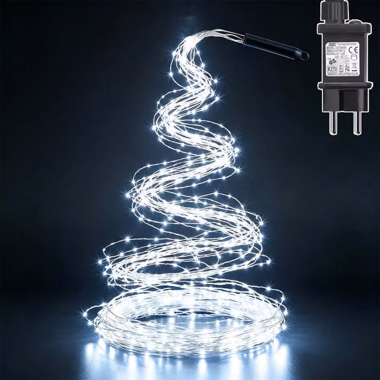 Catena luminosa, 1 metro, 100 LED, luce bianco caldo, grado di protezione IP65, timer, 8 modalità