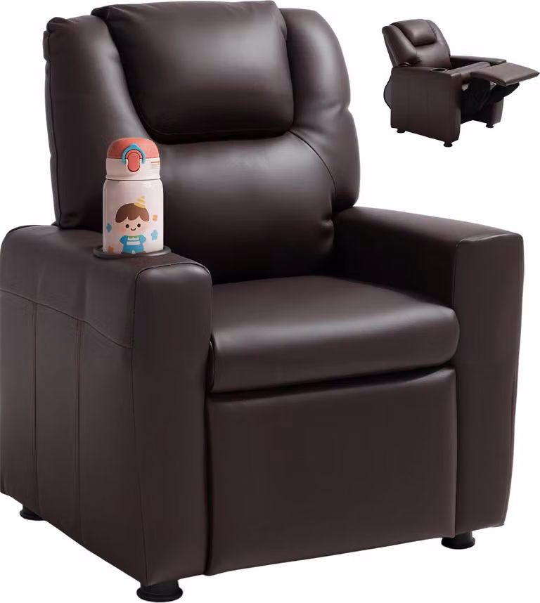 Poltrona per bambini - Poltrona relax con funzione reclinabile - Schienale regolabile da 101° a 121° - Finto cuoio - Con poggiapiedi e portabevande - Portata massima 41 kg - Marrone