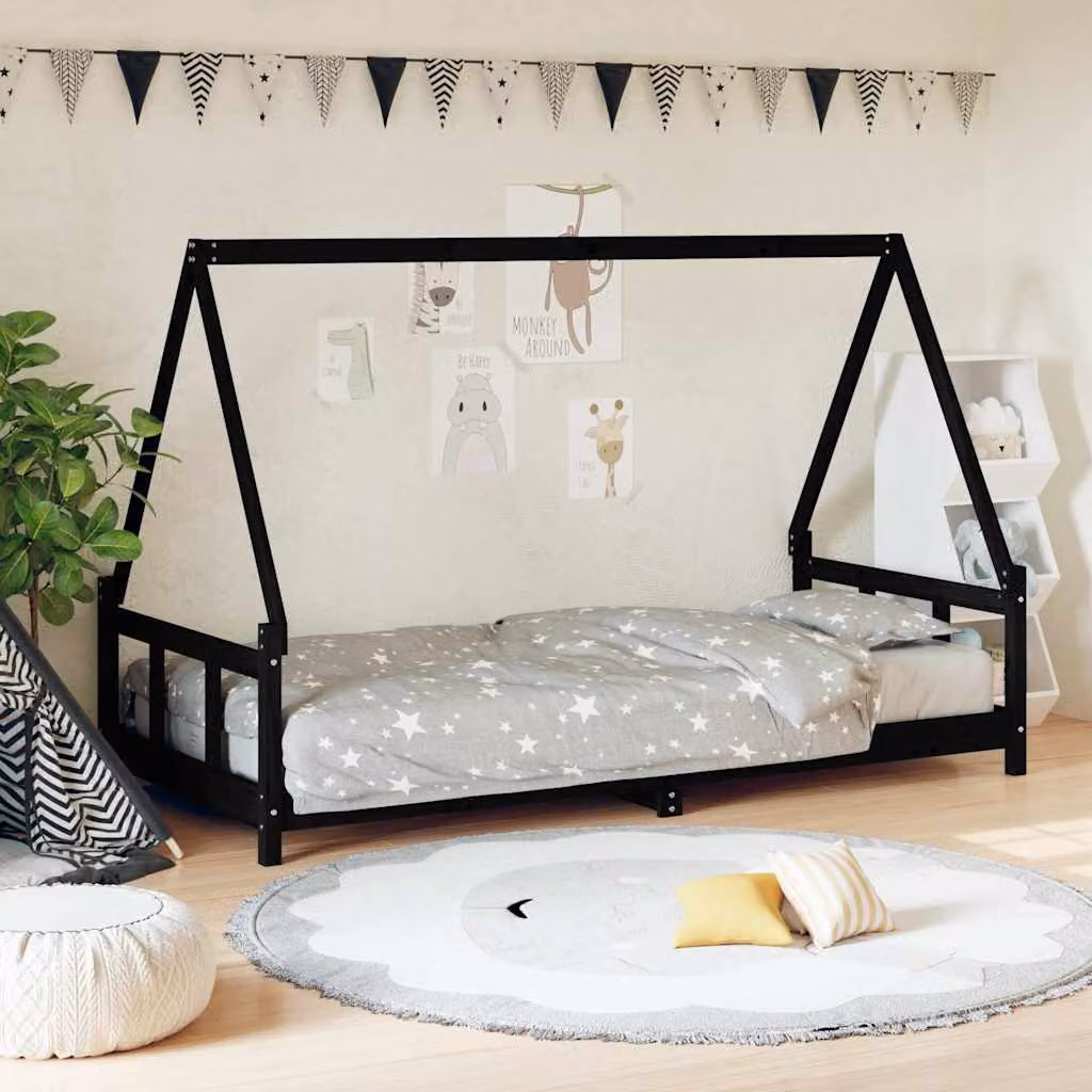 vidaXL Giroletto per Bambini in Legno Massello di Pino Nero L 200 x P 90 cm
