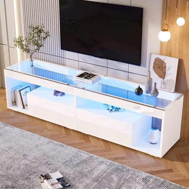 Mobile TV REDOM Bianco lucido con illuminazione integrata e dettagli in vetro, L/P/H: 180 x 40 x 46 cm