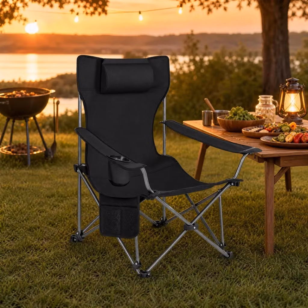 Sedia da campeggio pieghevole MODFU con poggiapiedi estraibile e braccioli, colore nero, L: 84 cm, P: 84 cm, H: 115 cm – 2