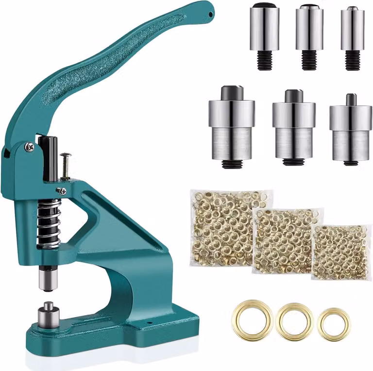 Set per pressa manuale professionale: pressa per occhielli, punzone per occhielli, 3 matrici da 6/10/12 mm, realizzata in acciaio inossidabile, base stabile, ideale per progetti fai-da-te e decorazioni. Macchina per occhielli