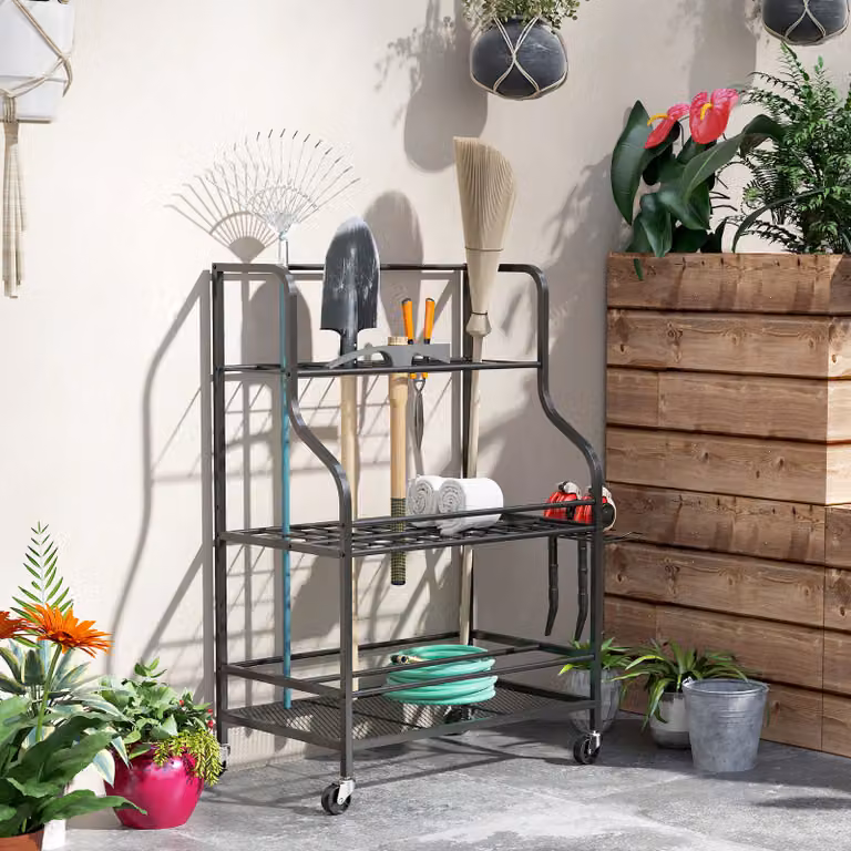 Porta attrezzi da giardino Outsunny a 3 livelli con ganci resistenti, colore nero, H 97 x L 77 x P 40 cm