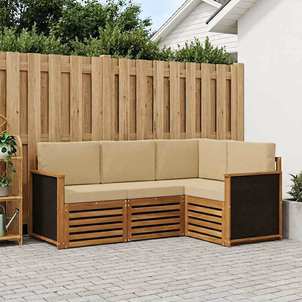 Set di divani da esterno a L vidaXL in legno di acacia con cuscini beige e marrone