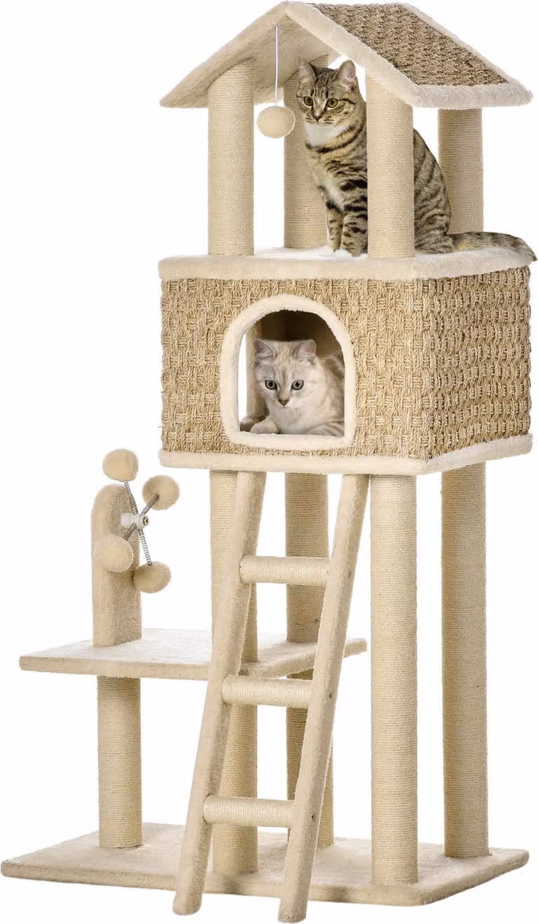 Tiragraffi grande per gatti, 130 cm, con cuccia e palline, tronchi in juta, color kaki e beige, pannello di truciolato e peluche, color kaki, 69 cm