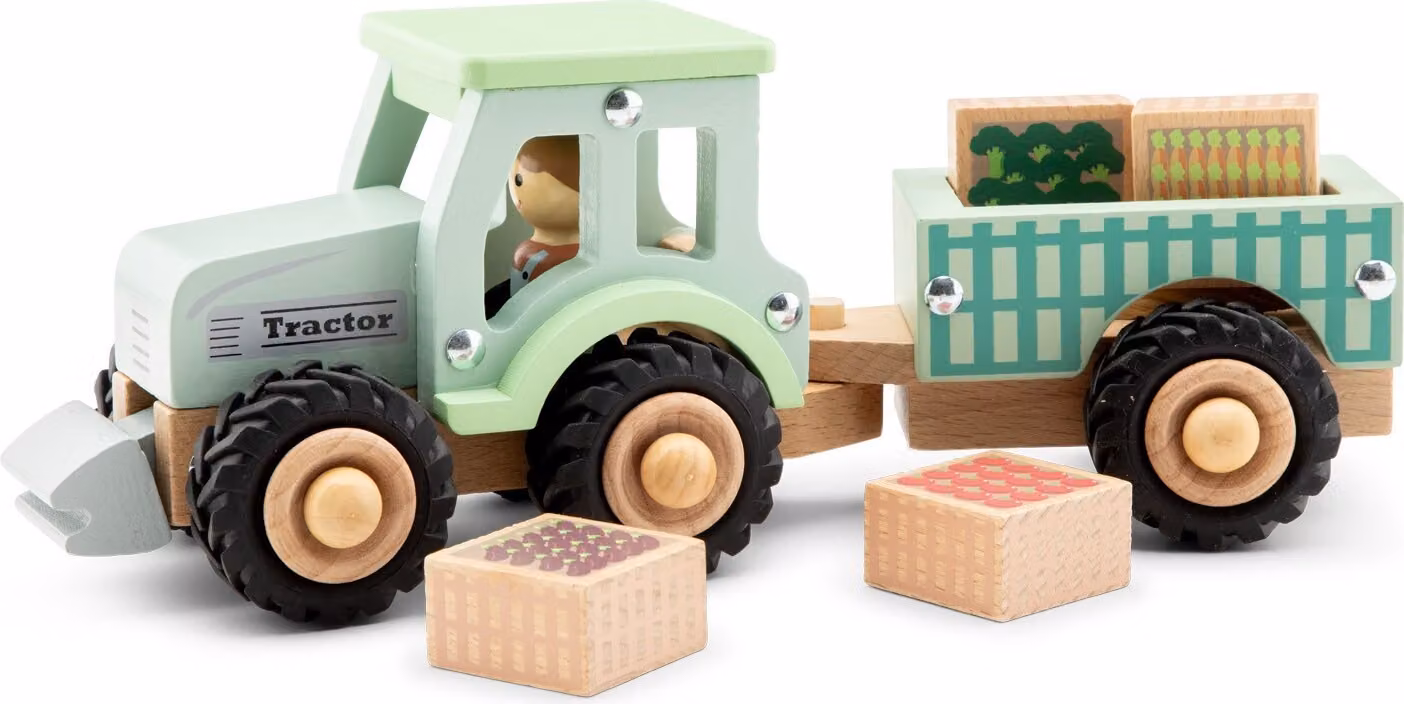 Nuovo Classic Toys Trattore in legno con rimorchio e verdure