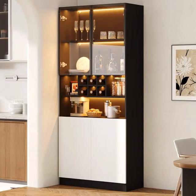 Vetrina con illuminazione LED multicolore 80 x 30 x 180 cm; 2 ante; vetro temperato; bianco e nero