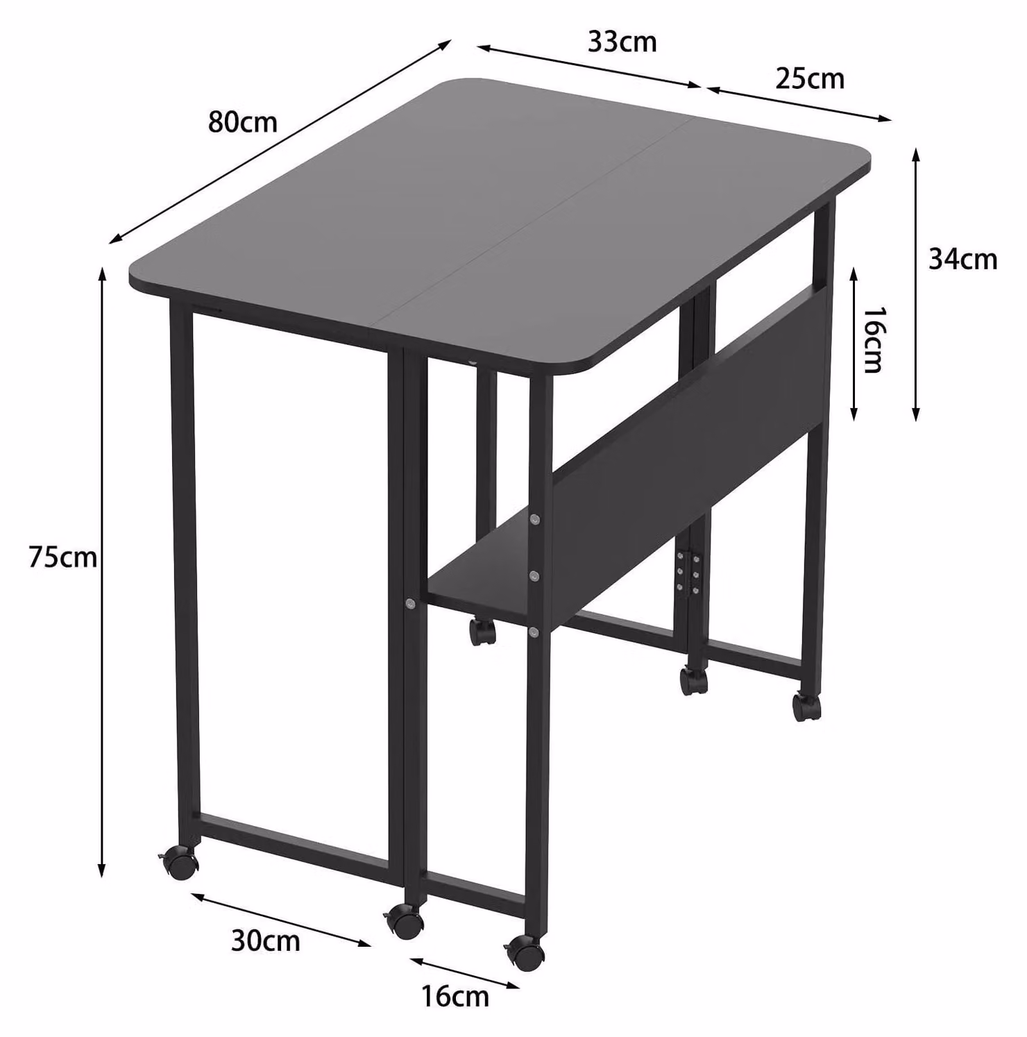 Tavolo pieghevole - Scrivania per computer - Scrivania pieghevole rettangolare - Con rotelle - Con ripiano e spazio contenitivo - Piccolo tavolo pieghevole per l'ufficio domestico - Nero