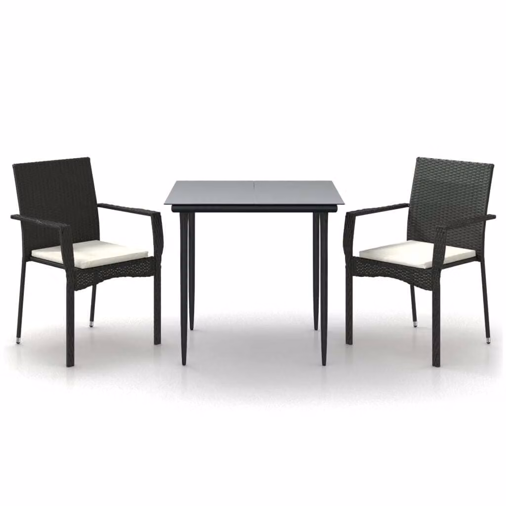 Set da Pranzo da Giardino 3 pz con Cuscini Nero in Polyrattan