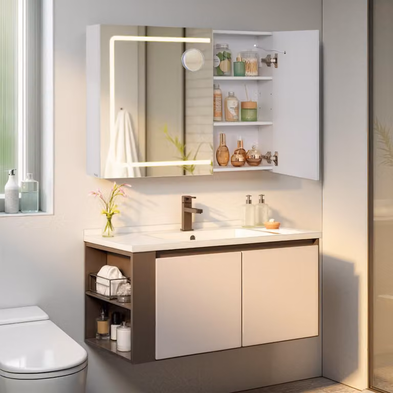 Specchio contenitore con illuminazione e presa di corrente | Bianco | 80x16,5x60 cm