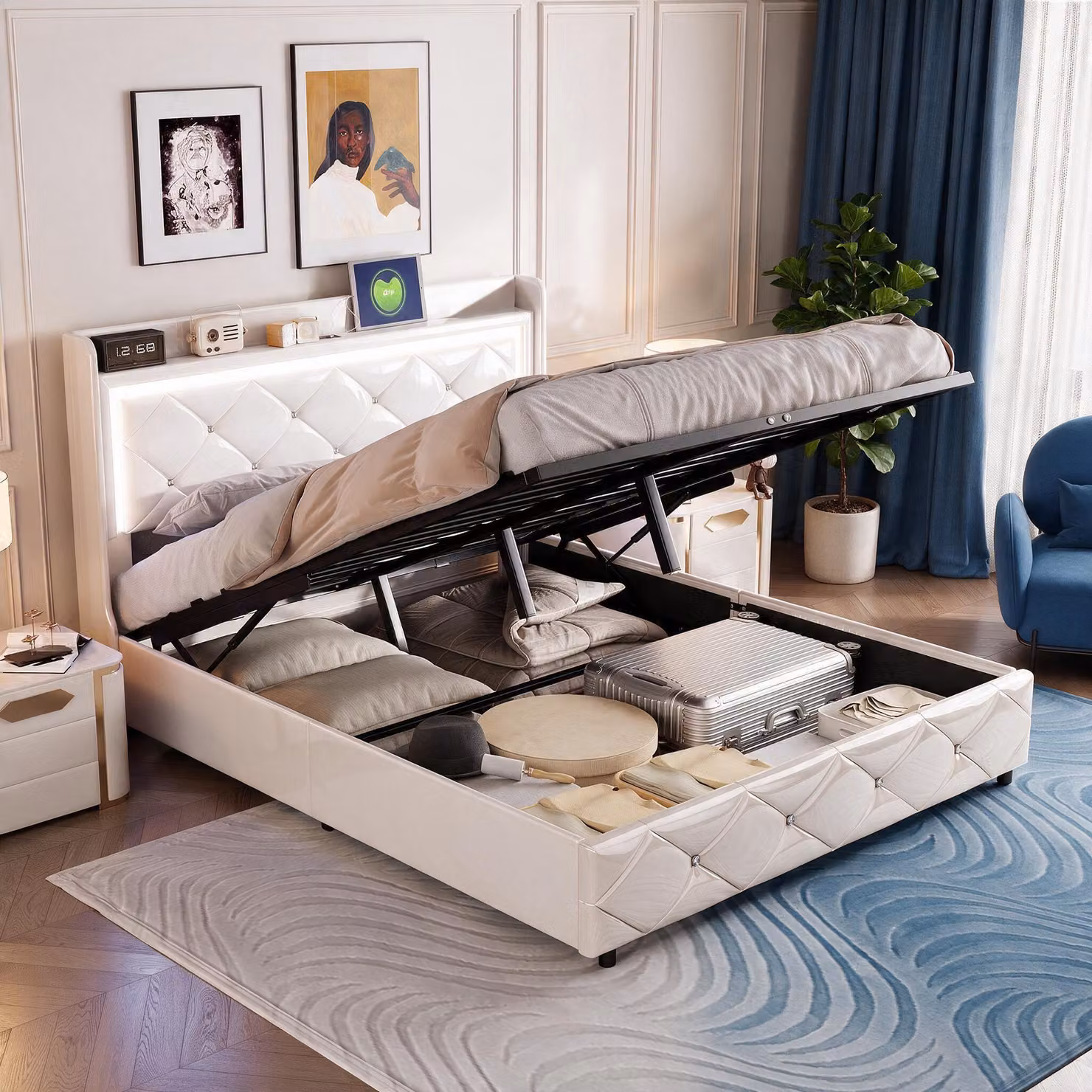 Letto imbottito INONEFT, modello boxspring, 140x200 cm, con luci LED e caricabatterie USB, letto matrimoniale con contenitore, struttura letto con rete a doghe e spazio contenitivo, rivestito in PU, colore bianco