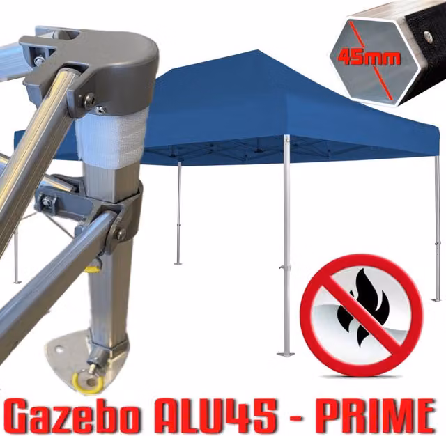 Gazebo 3x4,5 m blu certificato IGNIFUGO SENZA laterali pieghevole alluminio piantone esagonale 45mm portatile estendibile richiudibile estensibile acciaio per fiere eventi stand chiosco tenda tendone mercato mercatino
