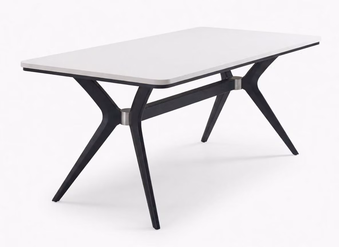 Tavolo da pranzo moderno con piano bianco e struttura in metallo nero a forma di X