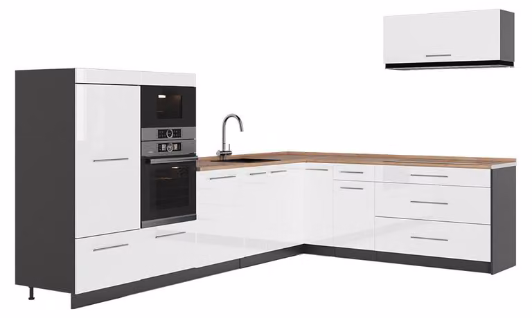 Cucina angolare completa Vicco Fame-Line Bianco lucido/Antracite 327 x 227 cm, PL Rovere, Model 64373