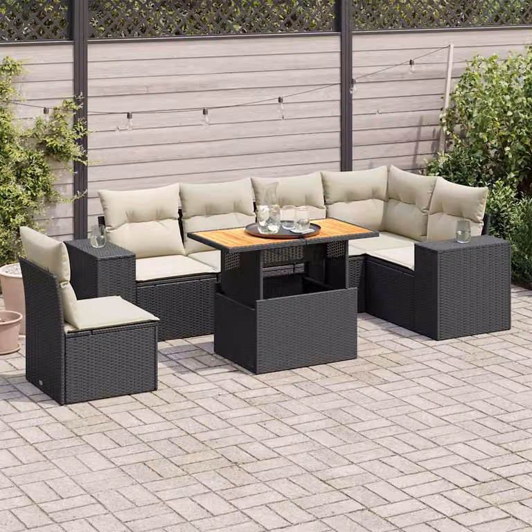 Set Divano da Giardino a L vidaXL con Cuscini e Tavolino, 7 Pezzi, Nero e Bianco, in Polyrattan e Legno di Acacia