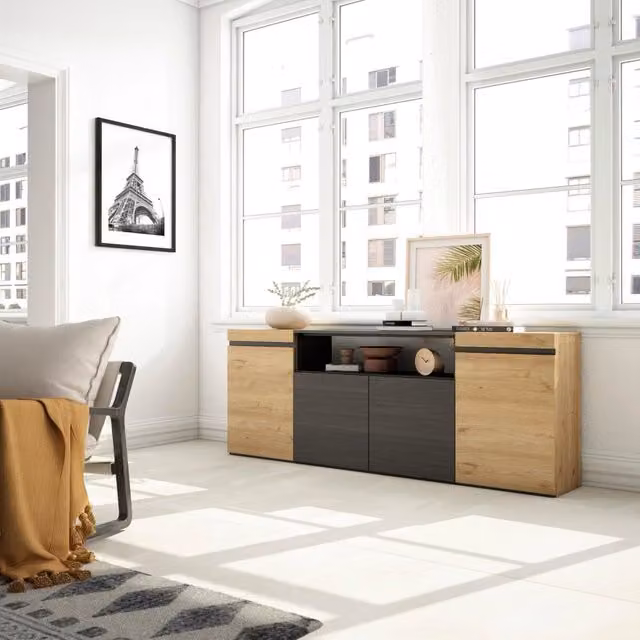 Credenza, Mobile, 200x35x75cm, 4 Porte, grande stoccaggio, colore Rovere e nero RF2288