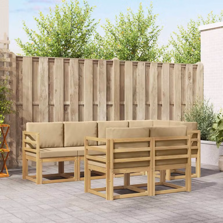 Set di divani da esterno vidaXL a forma di L composto da 7 pezzi in legno di acacia con cuscini bianchi e beige