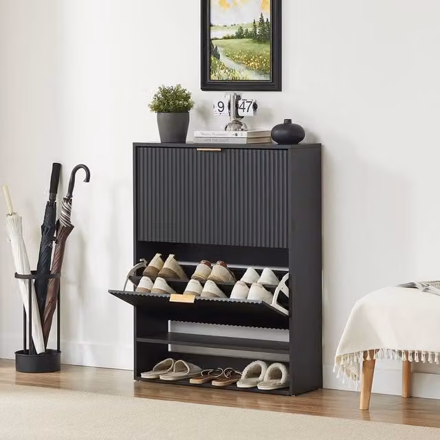 Scarpiera Slim Minimal con Anta Ribaltabile Nero, L: 80 cm, H: 102 cm, P: 24 cm, Salvaspazio per Ingresso