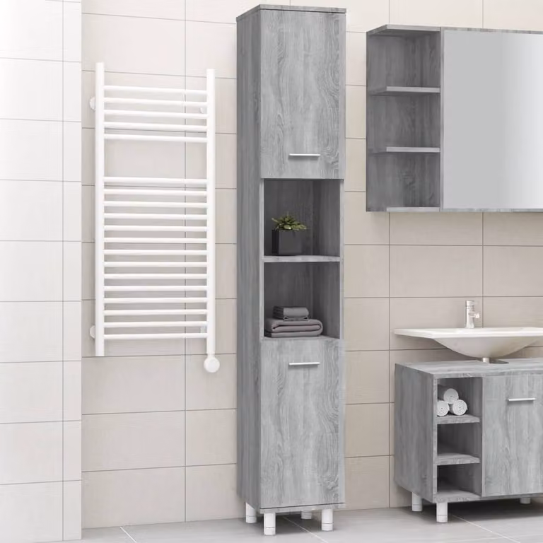 Armadietto da bagno moderno vidaXL in legno multistrato e MDF, colore grigio, sospeso, L: 30 cm, P: 30 cm, H: 179 cm