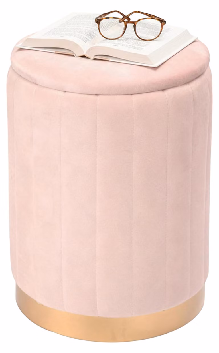 Pouf rotondo in velluto con spazio contenitore, altezza x diametro 42x32 cm, color rosa cipria