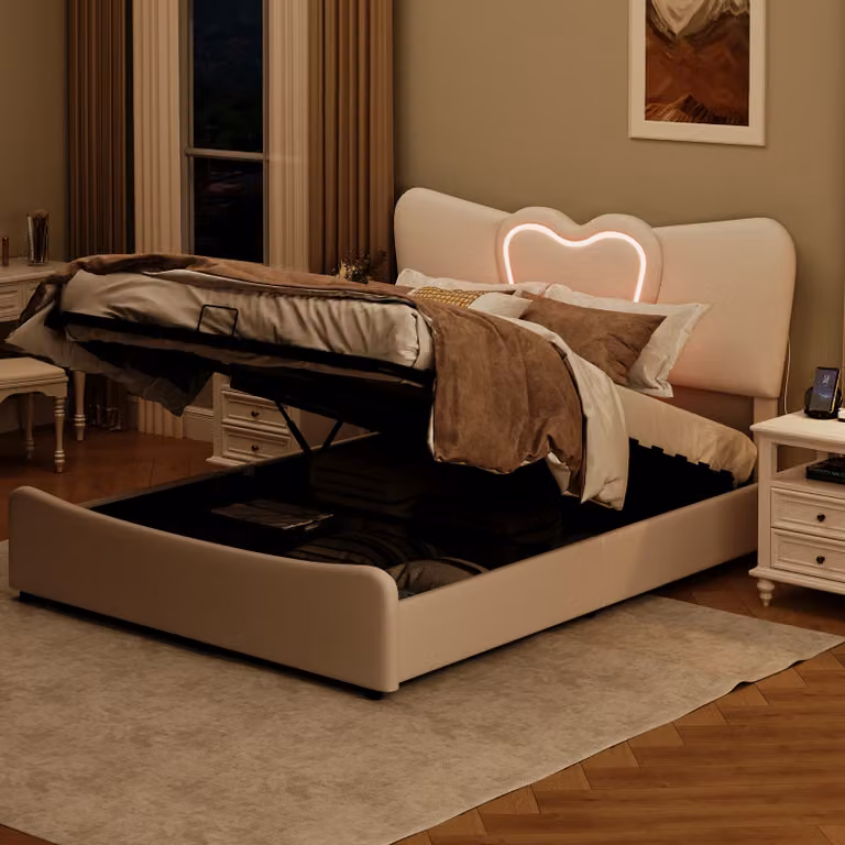 UnboxG letto imbottito 140x200cm con funzione di ricarica (USB&Typ-c), letto matrimoniale a molle insacchettate con contenitore, letto per ragazzi in legno con LED e rete a doghe, velluto