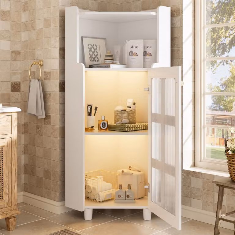 Fortuna Lai Armadio angolare bianco con superficie laccata e illuminazione a LED - Moderno comò angolare con controllo tramite app, per soggiorno, libreria, bagno (63,5*124 cm, bianco)