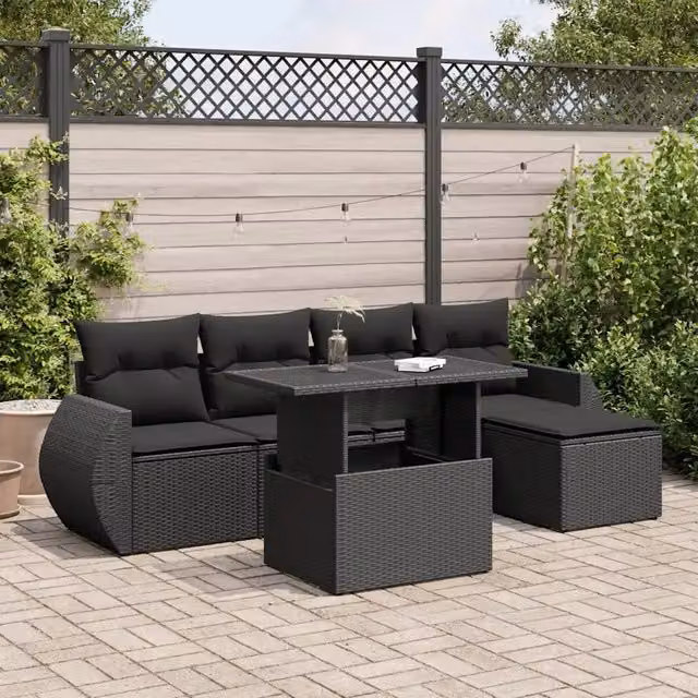 Set Divano da Giardino 6 pz con Cuscini Nero in Polyrattan 3326616