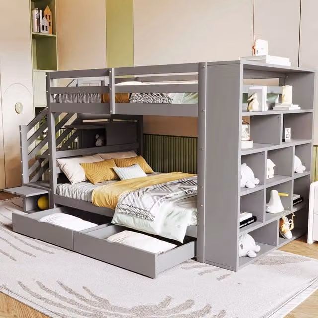 Letto a castello Mivray a due livelli in legno grigio con scala contenitore e cassetti L/P/H: 278 x 90 x 200 cm