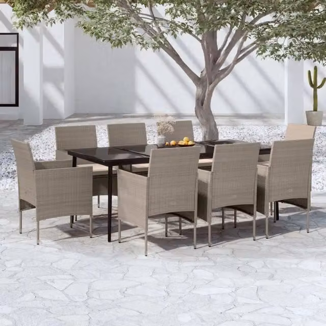 Set da pranzo da giardino vidaXL in polyrattan con cuscini beige e nero e tavolo in vetro – 1