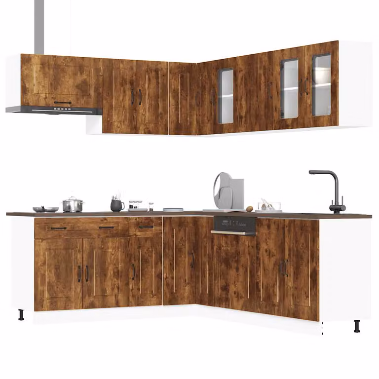 Set di mobili da cucina moderno vidaXL Kalmar composto da 11 pezzi in legno multistrato e vetro, colore marrone rovere fumo