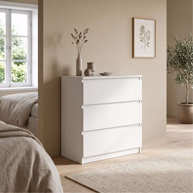 Comodà Masseno NUDO da 70 cm con 3 cassetti e ante, per soggiorno e camera da letto, stile moderno, 70x39x78,5 cm, bianco / bianco
