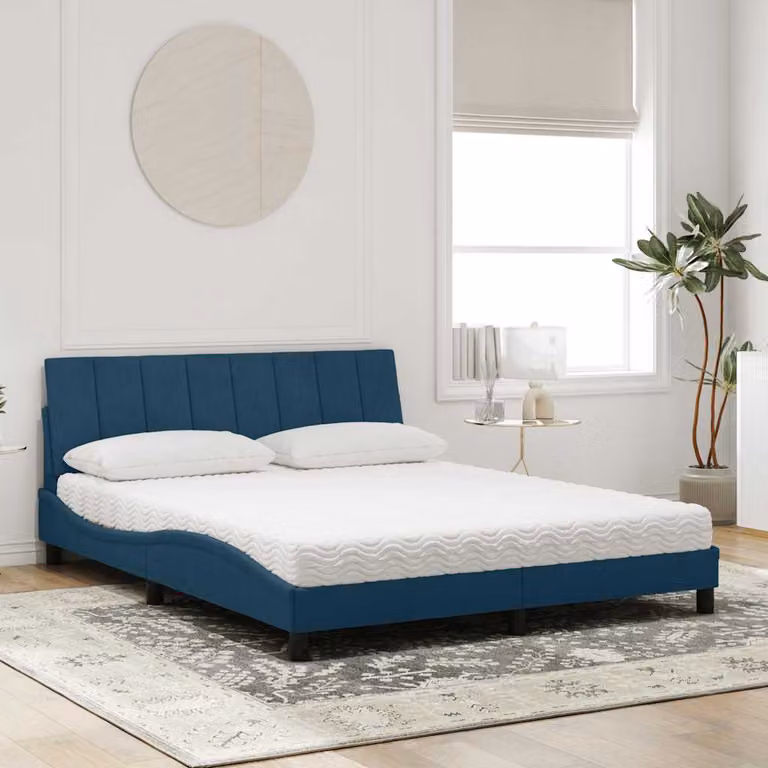 Letto con Materasso Hanko vidaXL in Velluto Blu e Bianco, L/P: 160 x 200 cm