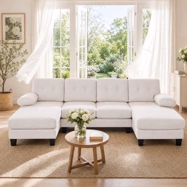 Divano a U 4-6 posti con doppia chaise longue in ciniglia beige 268 cm HOMVRA