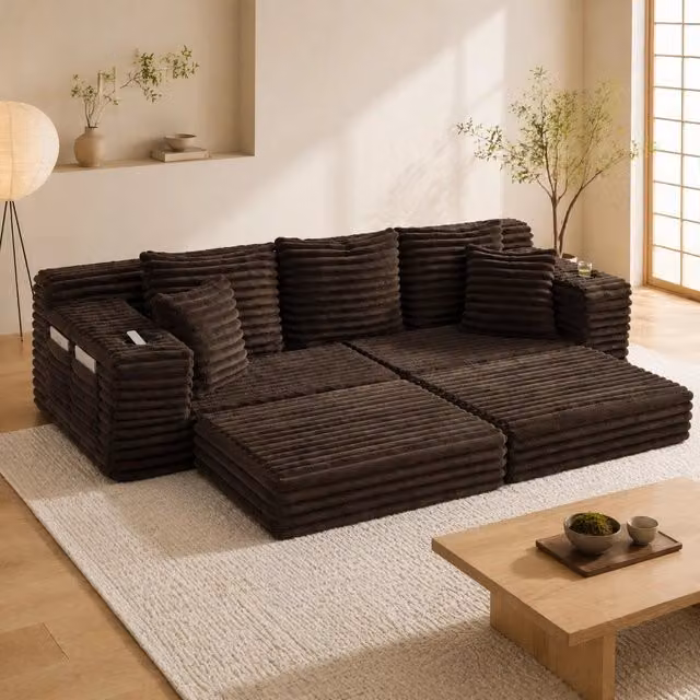 Divano letto modulare Mivray a forma di L in velluto a coste marrone con funzione letto, cuscini inclusi e portabevande integrati